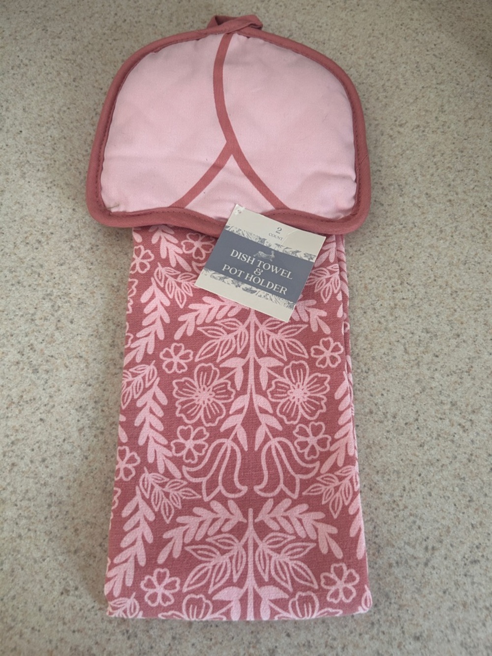 Floral Pink Dish Towel and Pot Holder Set